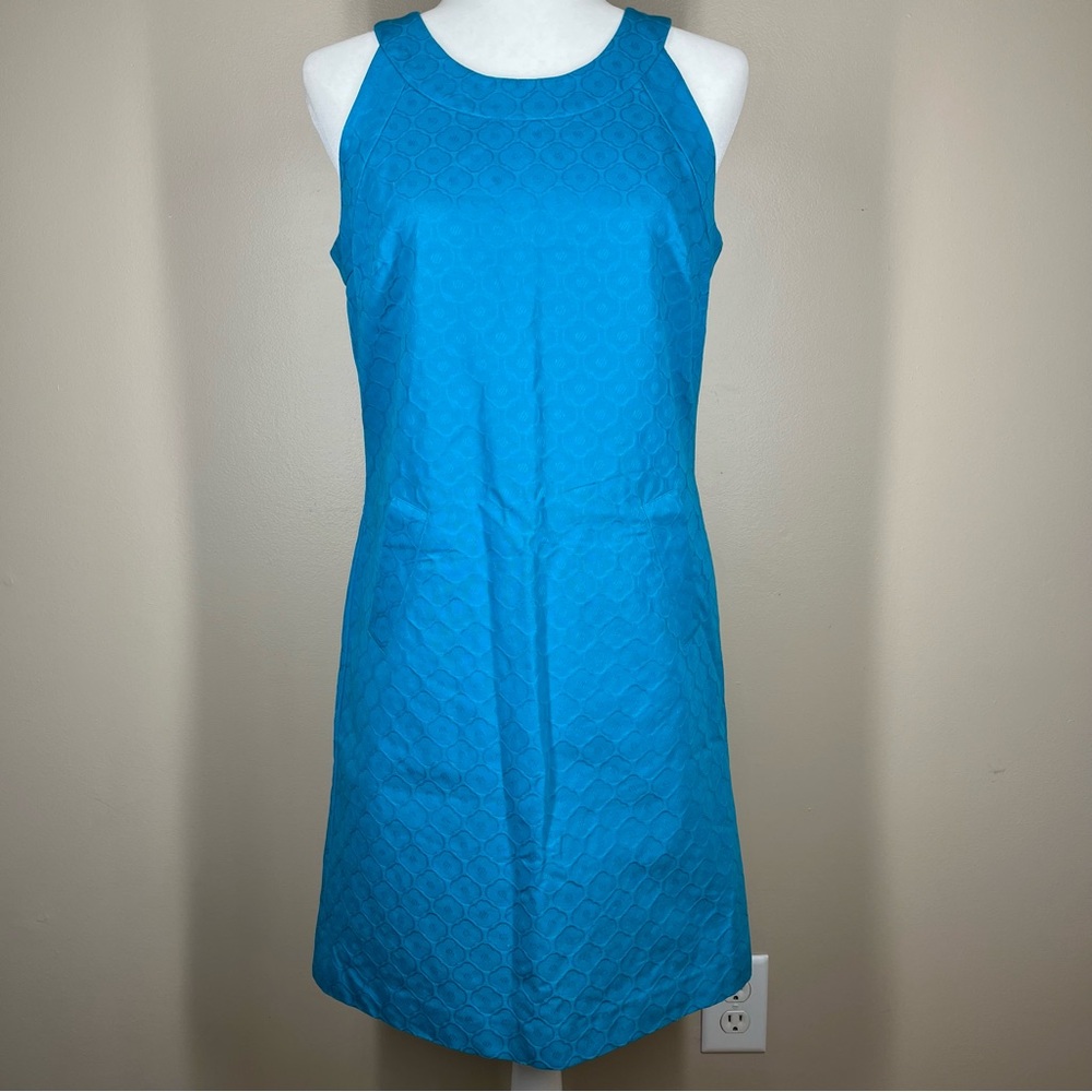 Banana Republic A-Line Sheath Dress Aqua Blue Jacquard Sleeveless w/Pock…